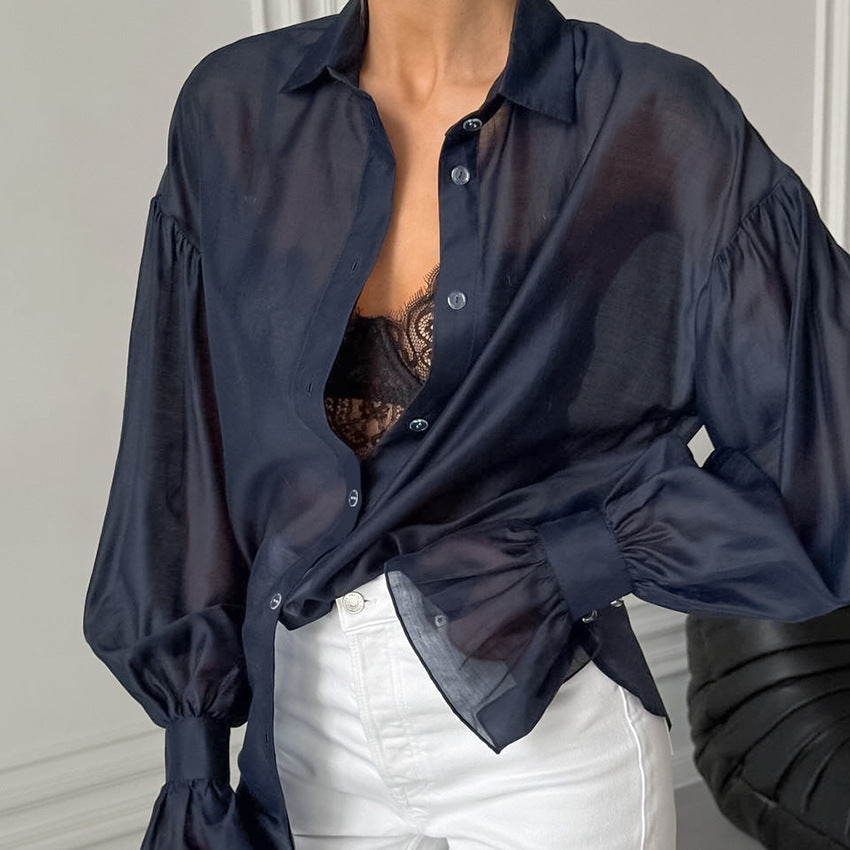 2025 New Autumn See-Through Long-Sleeved Shirts For Women With Design Sense, Personality, Fashionable Temperament, Casual European And American Commuting Shirts