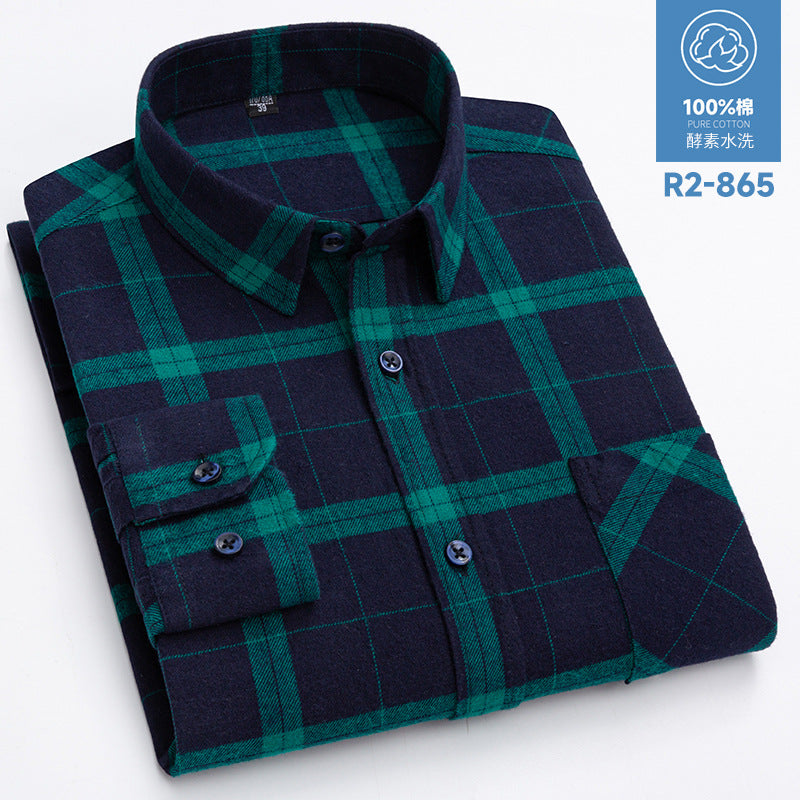 100% Cotton Brushed Long-Sleeved Middle-Aged Shirt Men'S Autumn 2024 New Dad Wear Spring And Autumn Plaid Cotton Shirt