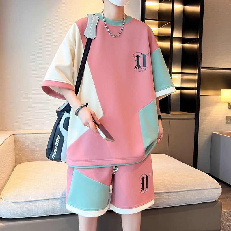 Summer Men'S Breathable Color Matching Loose Casual Suit Personalized Symbol Splicing Loose Casual Sports Suit Wholesale