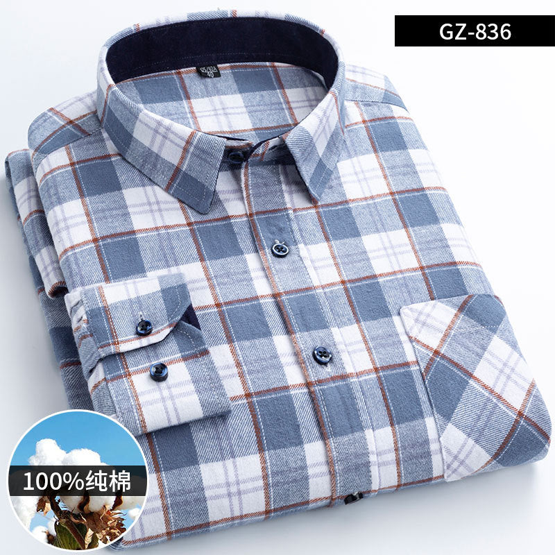 100% Cotton Brushed Long-Sleeved Middle-Aged Shirt Men'S Autumn 2024 New Dad Wear Spring And Autumn Plaid Cotton Shirt