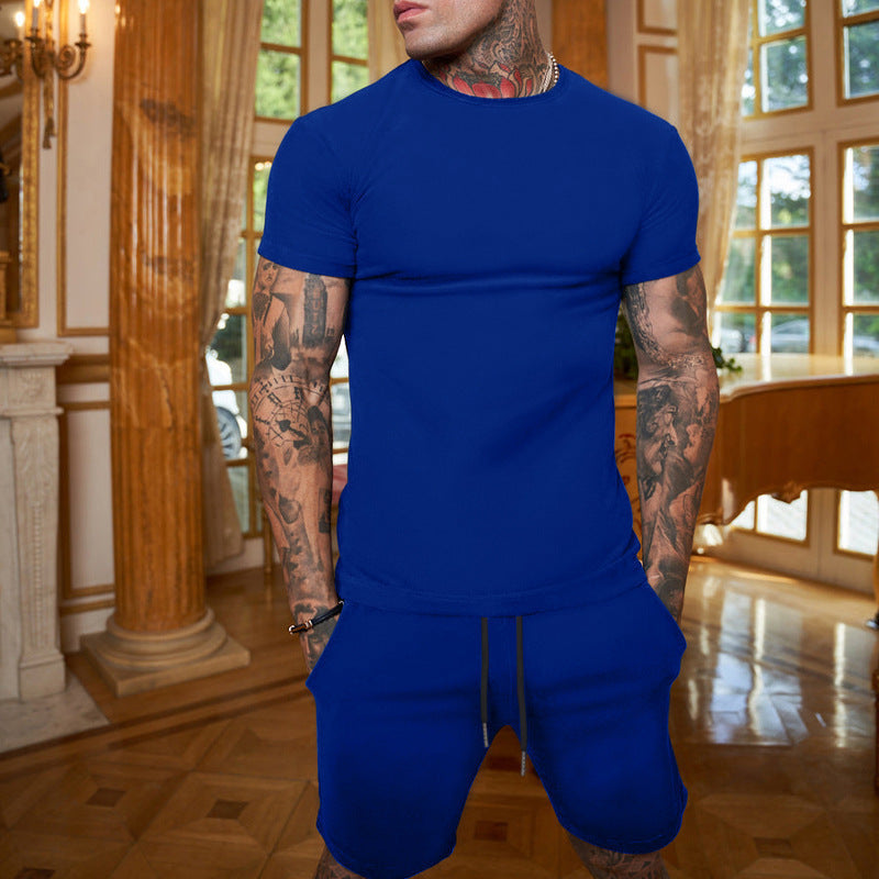 Foreign Trade Summer New Cross-Border Men'S European And American Loose And Trendy Youth Solid Color Short-Sleeved Shorts Suit Casual Two-Piece Set