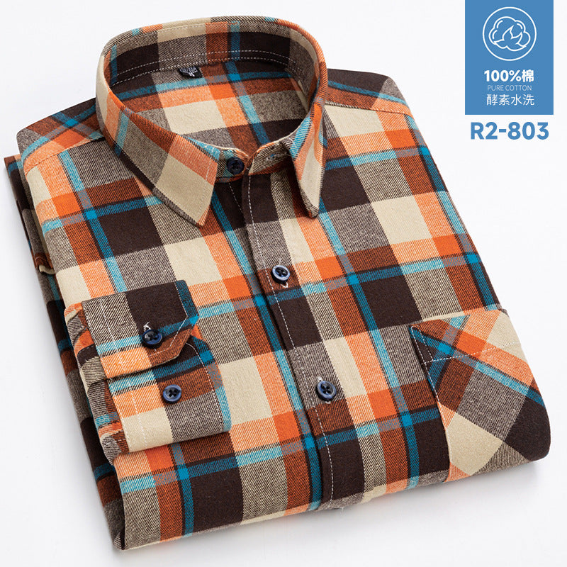 100% Cotton Brushed Long-Sleeved Middle-Aged Shirt Men'S Autumn 2024 New Dad Wear Spring And Autumn Plaid Cotton Shirt