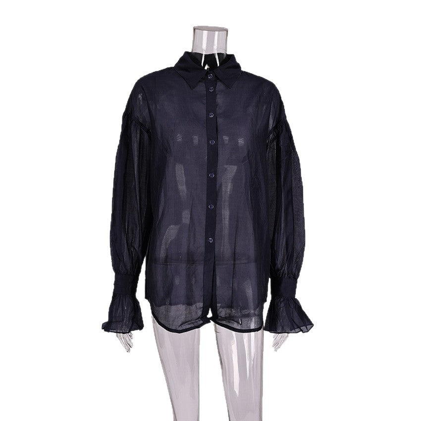 2025 New Autumn See-Through Long-Sleeved Shirts For Women With Design Sense, Personality, Fashionable Temperament, Casual European And American Commuting Shirts