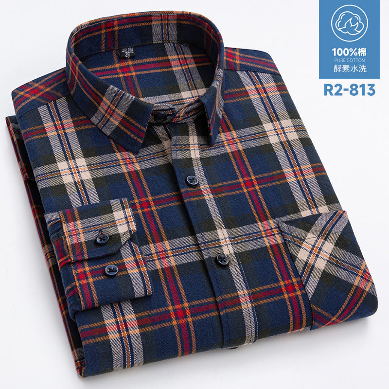 100% Cotton Brushed Long-Sleeved Middle-Aged Shirt Men'S Autumn 2024 New Dad Wear Spring And Autumn Plaid Cotton Shirt