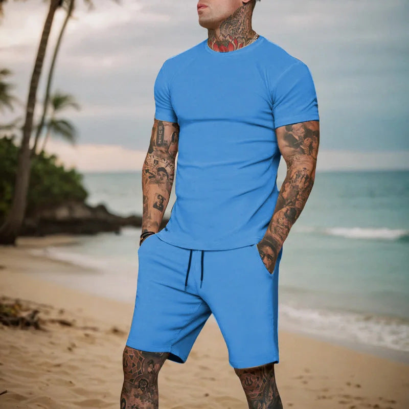 Foreign Trade Summer New Cross-Border Men'S European And American Loose And Trendy Youth Solid Color Short-Sleeved Shorts Suit Casual Two-Piece Set