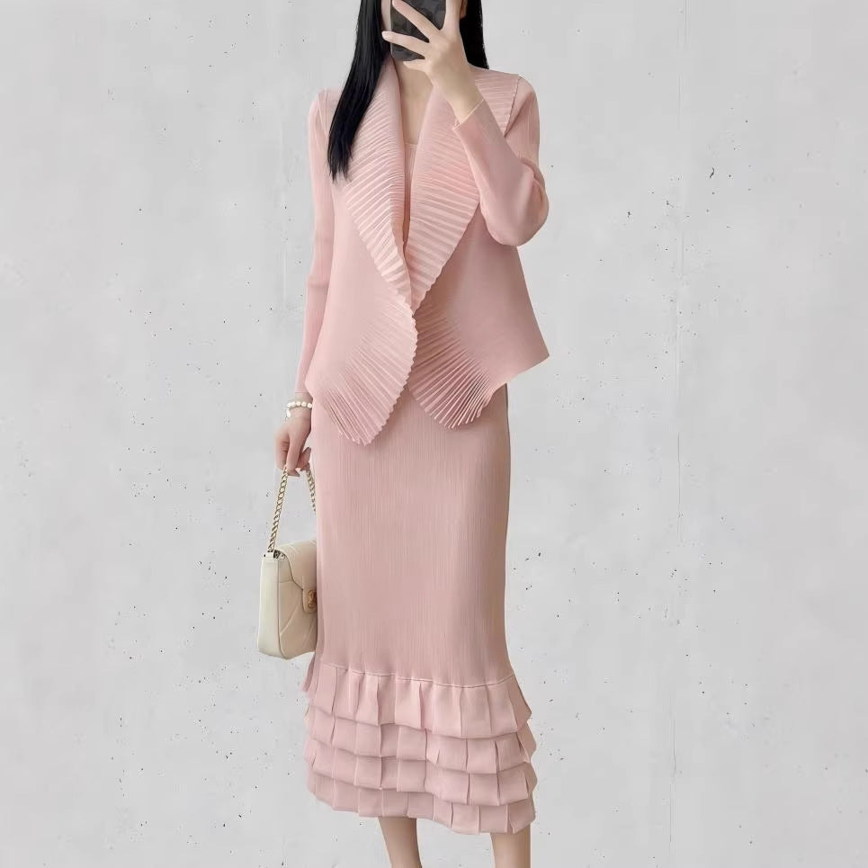 Internet Celebrity Live Broadcast Hot Sale Miyake Style Textured Cardigan Ruffled Cake Skirt Elegant Lady Style Two-Piece Set